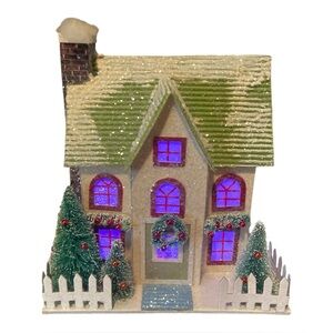 Vintage Look Christmas House Light Up Cardboard Winter Home - Cycles Colors!